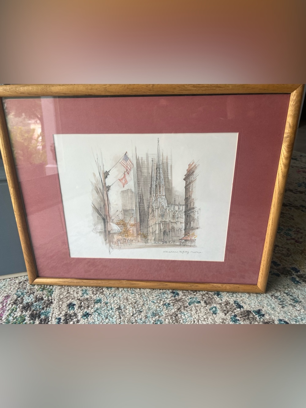 Beautiful Framed Watercolor of St. Pat’s Cathedral in NYC by Mads Stage